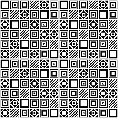 Minimalistic vector simple geometric seamless pattern in black and white. The background is composed of squares and lines, simple shapes. For the decoration of covers, Wallpaper, textiles in a contemporary style.のイラスト素材
