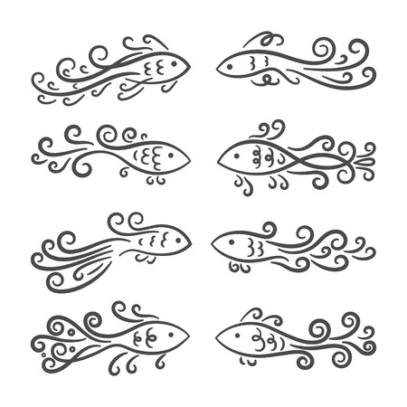 Set of vector decorative abstract fish. A collection of black elegant monochrome silhouettes isolated on a white background. To create art illustrations in the marine styleのイラスト素材