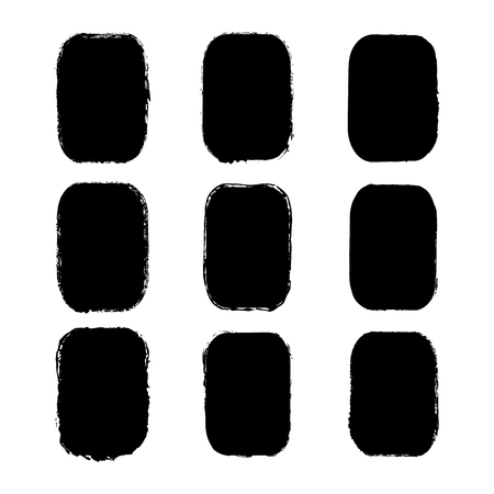 Vector set of rectangular stickers, labels painted with an ink brush. Black grunge frame with rough edges isolated on white background.A collection of uneven dirty silhouettesのイラスト素材