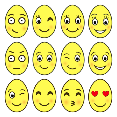 Vector emoji collection in shape of yellow Easter eggs isolated on white background. A set of funny good character emoticons for decorating banners, flyers, stickers in a cute cartoon flat styleのイラスト素材