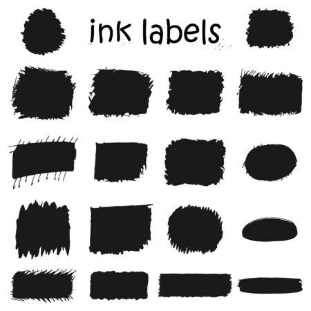 Vector set of black monochrome uneven shape stickers and labels drawn by ink isolated on white background.のイラスト素材
