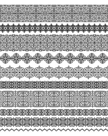 Vector set of seamless brushes in oriental motifs for frames, boarders, dividers, stripes, ribbons. Traditional floral eastern ornament to decorate and design greeting cards, certificates, invitationsのイラスト素材