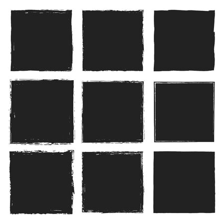Set of vector square grunge plain black stickers isolated on white background. Collection of blank labels with uneven rough edges drawn with an ink brush. For printing on paper, design banners, flyersのイラスト素材