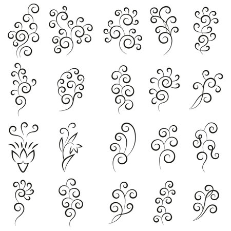 Vector set of decorative elements in black on a white background. Abstract floral ornament, curls, flourishes. Design of book, menu, booklet, brochure, card, invitation, print on paper, textilesのイラスト素材