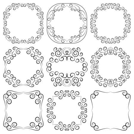 Vector set of square vintage elegant frames. Collection of fancy frames with curls in art deco style. For the design of postcards, greeting cards, invitations, printing on paper, for websites, bannersのイラスト素材