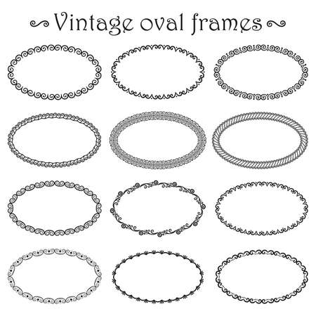 Vector set of vintage oval frames isolated on white background. Collection of simple borders with geometric patterns, curls for the design of banners, posters, cards, invitations, menu, paper printsのイラスト素材