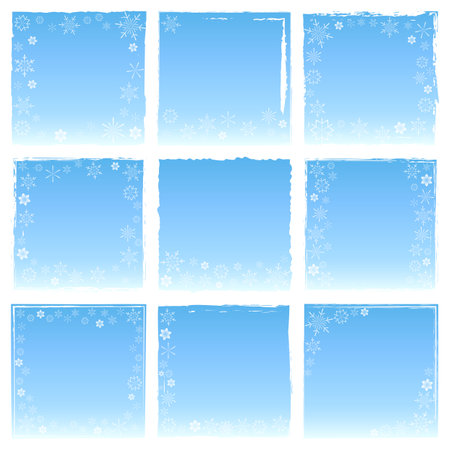 Vector illustration. Set of square grunge blue winter gradient stickers with jagged rough edges, white snowflakes. Place for text. For the design of banners, websites, New Year, Christmas cardsのイラスト素材