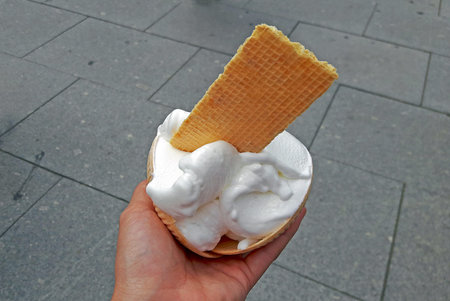 Dresden traditional ice cream on a clamshell shaped waffle