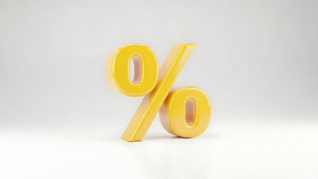 3d glossy yellow percent symbol isolated on white background, computer generated imagesの素材