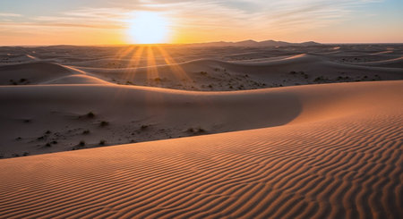Sunset over the sand dunes in the Sahara desert, Morocco