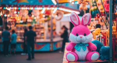Cute little toy bunny sitting on the carousel in amusement park