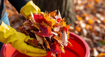 Close-up of woman's hands in yellow gloves holding bouquet of autumn leaves