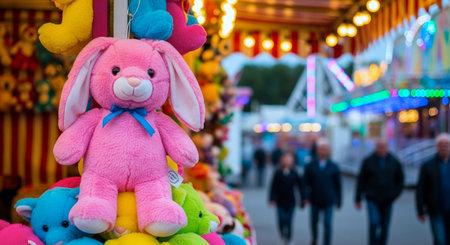 Cute pink toy rabbit on the background of the amusement park.