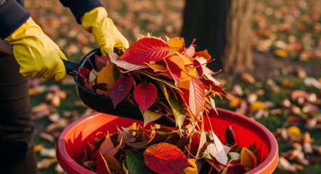 Close-up of woman's hands in yellow gloves holding bucket with fallen autumn leaves