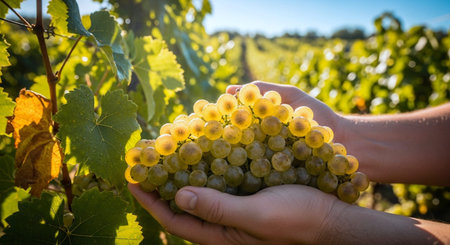 Female hands holding a bunch of white wine grapes in a vineyard