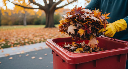 Close-up of a woman throwing autumn leaves into a trash can