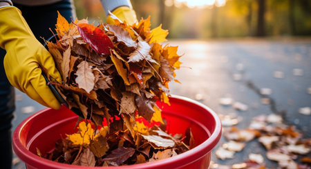 Close-up of female hands in gloves holding bucket with fallen autumn leaves