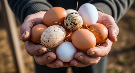 Eggs in the hands of a farmer. Selective focus. nature.