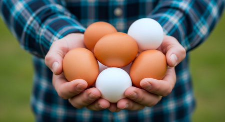 Close-up of a man holding chicken eggs in his hands.