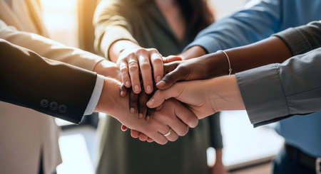 Group of business people joining hands together in office. Teamwork concept