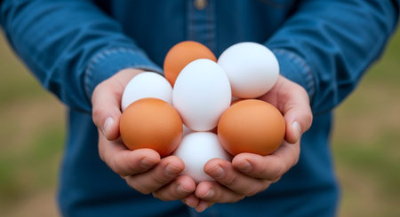 Close up of white and brown eggs in woman's hands on blurred background