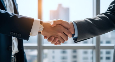 Close-up of two business people shaking hands while standing in office