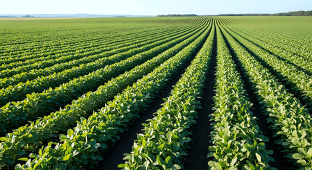 Soybean field in the summer with rows of young green plants