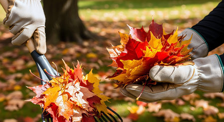 Close-up of hands of gardener in gloves holding bunch of autumn leavesの写真素材