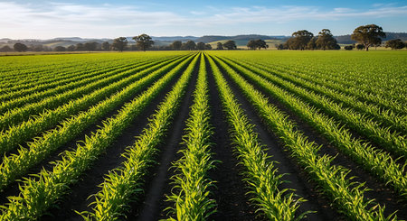 Agricultural landscape with corn field in early morning light, Australia