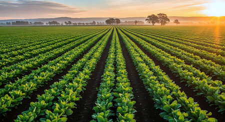 Agricultural field with rows of young green lettuce plants at sunrise