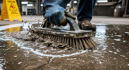 Cleaning service worker cleans the floor with a brush in a car washの写真素材
