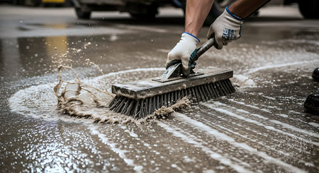 Cleaning service worker cleans the floor with a brush. Selective focus.