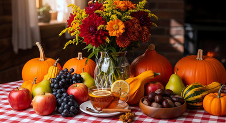 Autumn still life with pumpkins, apples, flowers and berriesの写真素材