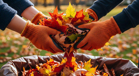 Close up of two hands in gloves holding bouquet of autumn leaves