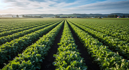 Agricultural landscape with rows of green lettuce plants in the field