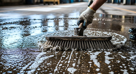 Close up of worker cleaning the floor with brush at car wash.の写真素材
