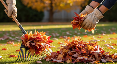 Close-up of woman raking autumn leaves with rake in garden