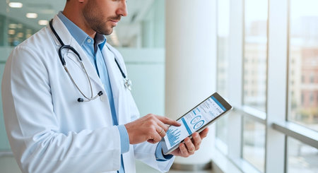 Doctor using tablet computer in the hospital. Medical and healthcare concept.