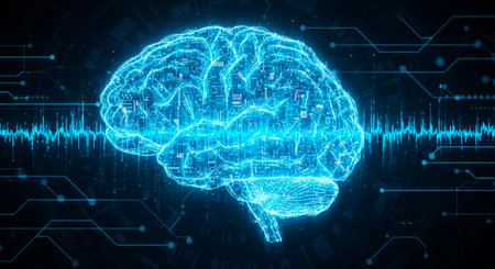 Digital human brain hologram over circuit background. 3D Rendering