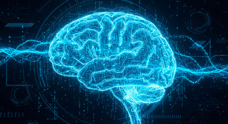 Abstract digital human brain on blue background. Artificial intelligence concept. 3D Rendering