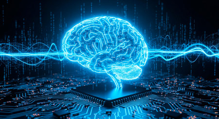 3D rendering of human brain on circuit board background. Artificial intelligence concept