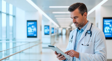 Doctor using tablet computer in hospital corridor. Medical healthcare and doctor staff service.