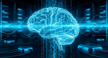 3D rendering of a digital human brain hologram over server room background