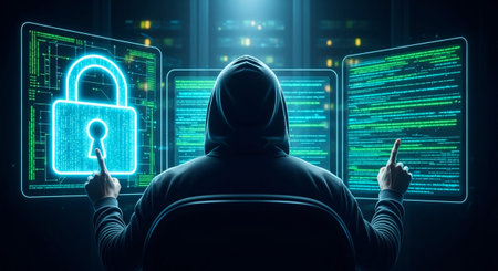 View of a Hacker in a hooded sweatshirt with a padlock on a futuristic interface