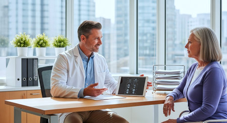 Portrait of doctor and patient discussing something while sitting at the tableの写真素材