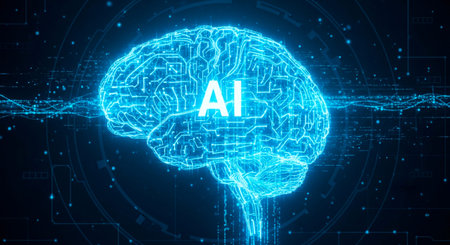 Abstract glowing artificial intelligence concept on blue background. 3D Rendering
