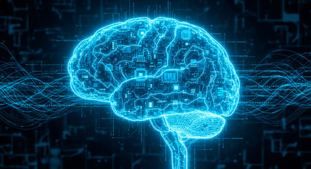 3d rendering of artificial intelligence concept with human brain on blue background