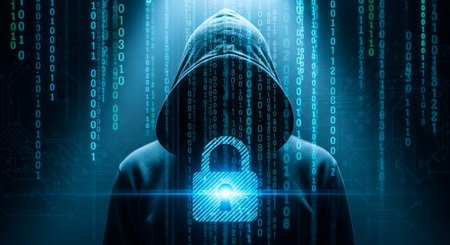Hooded hacker with digital binary code on dark background 3D rendering