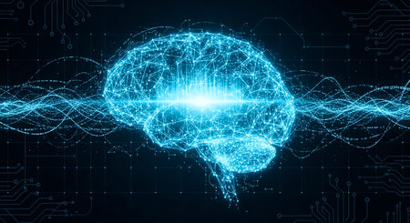 Abstract digital human brain on blue background. Artificial intelligence concept. 3D Rendering