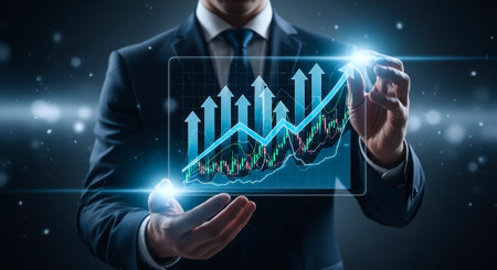 Businessman on blurred background using 3D rendering stock exchange chart interface